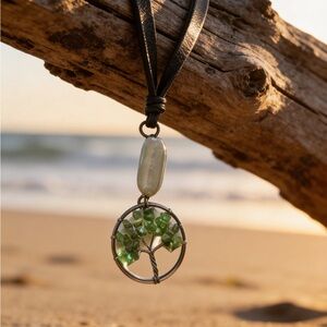 Bohemian Peridot Tree of Life Necklace on Adjustable Gray Rawhide